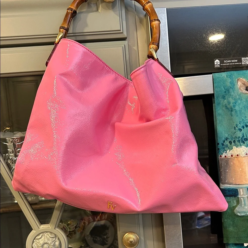 Frances Valentine Pink Patent Leather Hobo Bag with Bamboo Handle